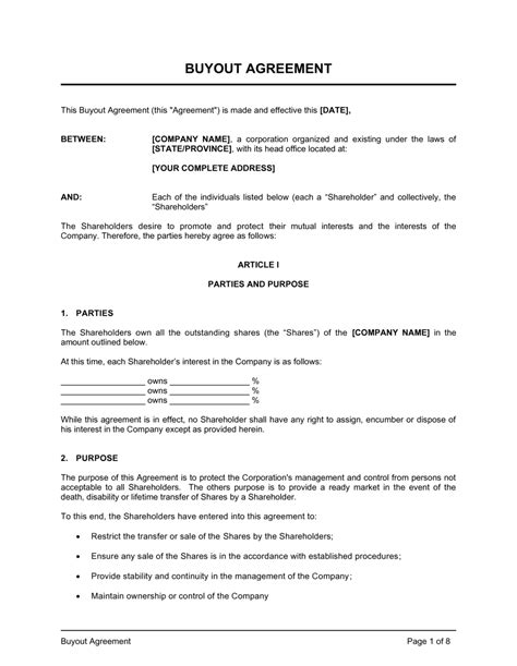 3+ SAMPLE Buyout Agreement in PDF. Rating : An owner may choose to exit a closely held business for a variety of reasons, including retirement, death or incapacity, divorce, impending debt default, or bankruptcy. Additionally, disagreements amongst co-owners may result in a desire to exit the business. As a result, a buyout agreement is often ... 